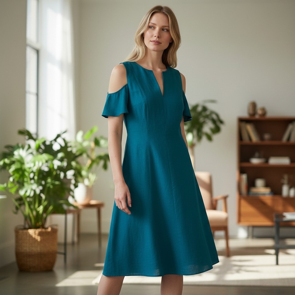 Elie Tahari Women Teal Blue Linen Blend Cold Shoulder Sheath Dress Size 8 NEW